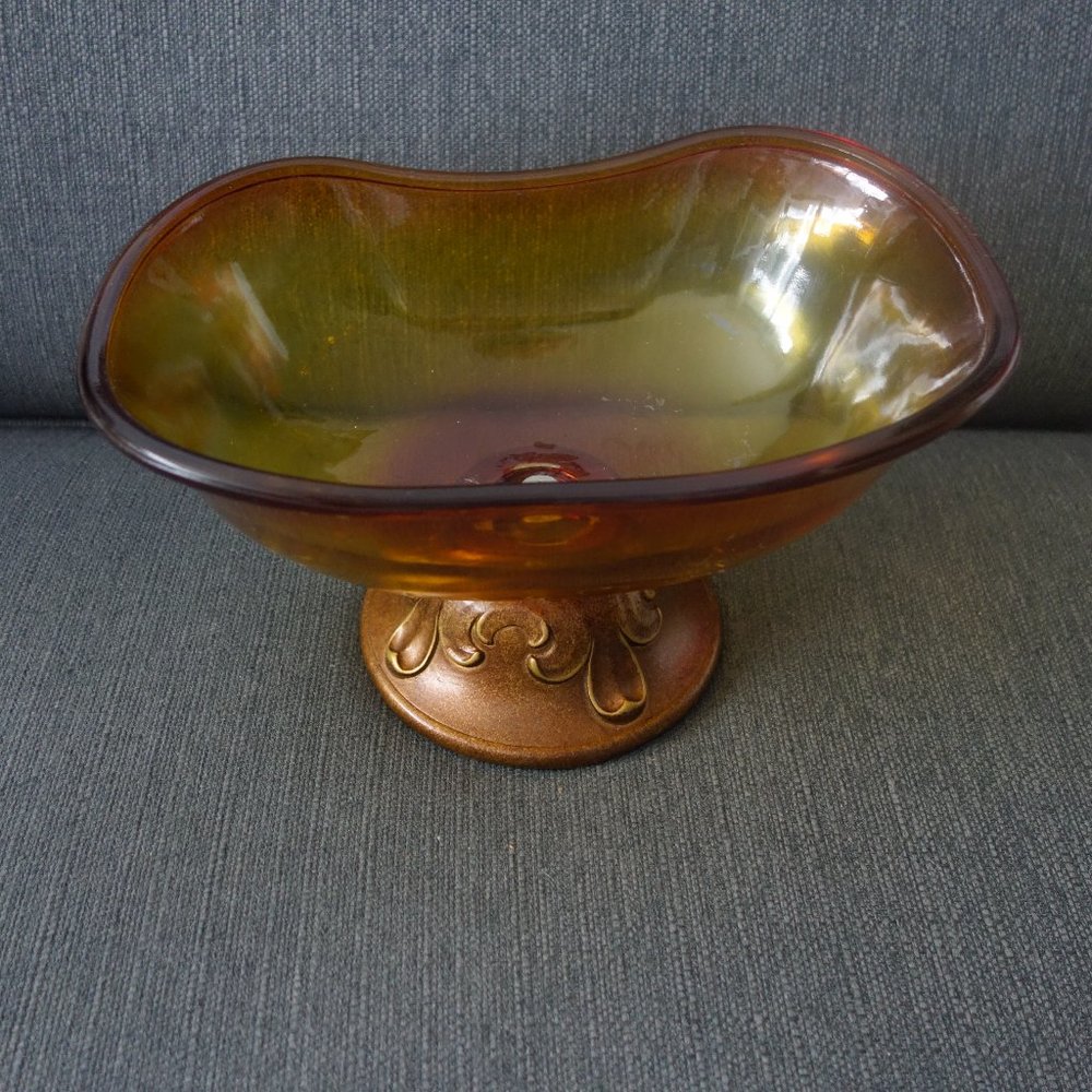 Amber Colored Glass Pedestal Bowl with Metal Base
